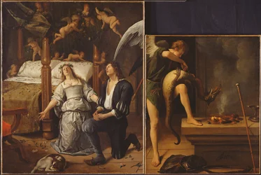 Tobias og Sarah med ærkeenglen Raphael, der uddriver dæmonen Asmodeus, samlet igen af to adskilte fragmenter (for restaureret version se 85367)