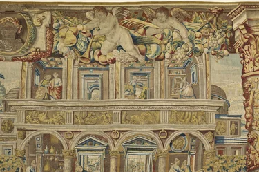 Detalje af paladset og musikerengel fra Vertumnus og Pomona, ca. 1630