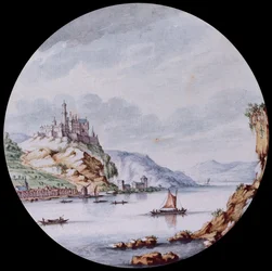 En udsigt langs Rhinen med landsbyen St. Goar og slottet Rheinfels (sort bly, pen, gråt blæk og akvarel)