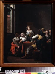 ""Les festivites"" (Det muntre møde) gruppe af ryttere og damer samledes glade omkring et bord. Maleri af Jan Joseph Horemans den Ældre (1682-1759) 1700-tallets Ivan Kramskoy (eller Kramskoi) Fine Arts Museum i Voronezh (Voronezh), Rusland.