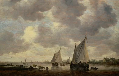 En kanal i Holland, eller to store sejlskibe og kvæg nær en flod