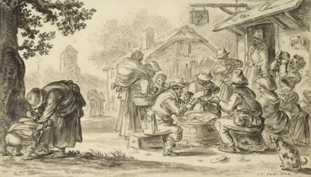 A Farmers Card Game foran kroen, 1624 (blyant, pen og blæk og pensel på papir)