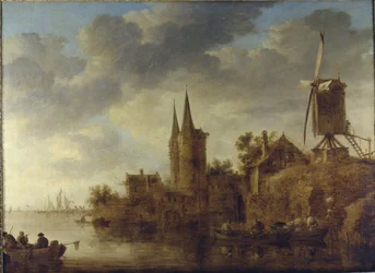 Et flodlandskab med en capriccio af Oostport, Delft, ca. 1644 (olie på lærred)