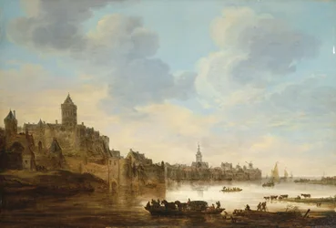 En by ved bredden af en flod, med en færge, 1648