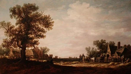 Landsbyscene med heste og vogne