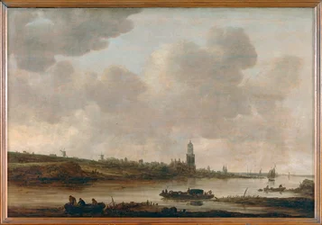 Udsigt over Rhenen ved Rhinen med kirken Sainte-Cunera ...