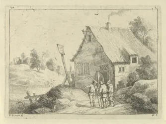 Talende mænd foran et hus