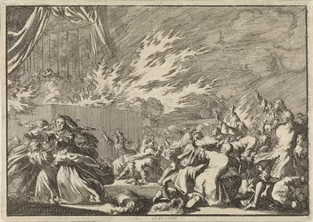 Brand i et træskur, hvor en teaterforestilling finder sted ved siden af ​​Amelienborg Slot i København, 1689