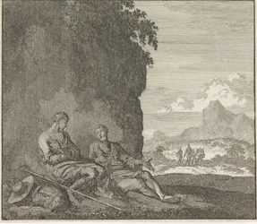 Emblem: skygge. To rejsende hviler i skyggen af en klippe