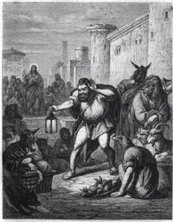Esop og Kristus: Den græske forfatter Esop (Esop eller Esopus, 6. århundrede f.Kr.) krydser med en lanterne i hånden en tur mellem karakterer med dyrehoveder på jagt efter "en mand". Bag ham ser vi Jesus Kristus. Illustration inspireret af fablen "Esope a 
