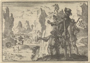 Bevæbnede spaniere ser ned på helt vilde mennesker fra klipper, ca. 1600