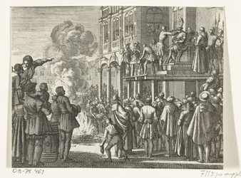 Jacob van Campen med bispehue på hovedet på skafottet i Amsterdam, 1535