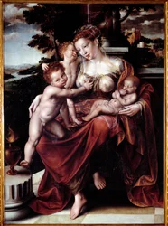 Allegory of Charity (Kvinde fodrer flere babyer) Maleri af Jan Metsys (eller Massys) (1509-1575) Dim 120x90 cm Genes, Musei di Strada Nuova (ex Palazzo Bianco)