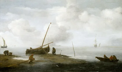 Muslingefiskeri, en fiskerbåd på kysten og tre mænd, der har travlt med at samle muslinger i deres kurve. Olie på lærred 1622 af Jan Porcellis (1580-1632).