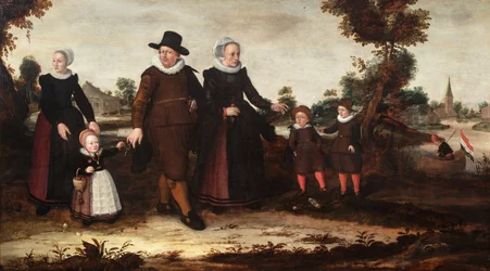 Et gruppeportræt af maleren Jan Siewertz Kolm, hans kone Fijtge Lindemans, deres børn Anna Jansdr. og Siewert Jansz. og Hans Jansz. med en tjenestepige.