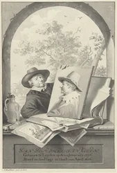Mand med en mappe med tegninger og et portræt af Jan van Goyen
