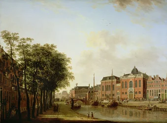 Houtgracht, nu Jonas Daniël Meijerplein, Amsterdam, med de askenasiske synagoger, arsenalet, den portugisiske synagoge og sejlende pramme