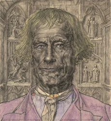 Portræt af en gammel bonde foran en katedral, 1904.