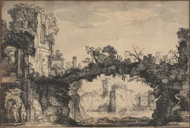 Landskab med ruiner (recto); Kvindehoved og dyr (verso)