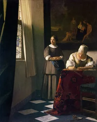 Dame, der skriver et brev med sin tjenestepige