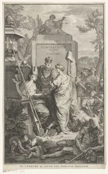 Allegorisk fremstilling med grundlaget for Utrecht Placer bogens land van Utrecht (titel på objekt) Titelside for: Johan van de Water, Fredsbog indeholdende alle fredserklæringer, ordinancer og edikter fra (...) staterne Utrecht, 1729