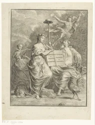 Personifikationer af de østrigske Nederlande og Frankrig Hollandsk og fransk ordbog / Dictionnaire Flamand et François (titel på objekt) Titelside for: François Halma, Den store franske og nederduitsch-ordbog, 1761