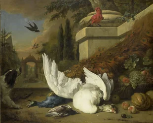 En hund med en død gås og en påfugl, ca. 1700