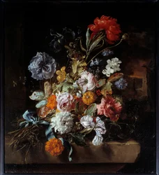 Buket blomster afsat på en stenbænk Maleri af Jan Weenix (1640-1719) 1694 Søn. 0,74x0,67 m Lyon, Musee des Beaux Arts