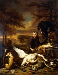 Jagtbytte med en jagttjener og en sort page, der holder en brun hest, 1700