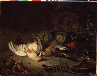 Jagttrofæer. Maleri af Jan Weenix den Yngre (1642-1719). Olie på lærred, slutningen af ​​17.-begyndelsen af ​​1700-tallet. Hollandsk kunst, barokstil. Statens Friluftsmuseum Peterhof, Sankt Petersborg.