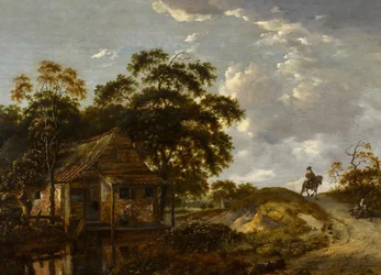 Landskab med en hytte ved en flod og en kvinde, der skurer en gryde, en herre til hest på en sti