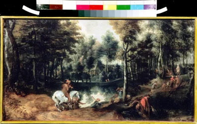 Ryttere i en skov. Maleri af Jan Wildens (1586-1653). Olie på træ, 32,5 x 59,3 cm, omkring 1620. Flamsk kunst fra 1500-1700-tallet. Pushkin Museum of Fine Arts, Moskva.