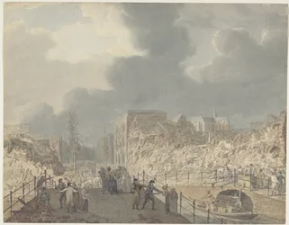 Udsigt over ruinerne på Rapenburg i Leiden efter eksplosionen af ​​krudtskibet den 12. januar 1807