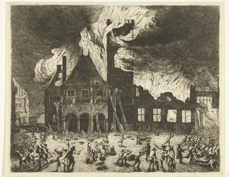 Branden i det gamle rådhus i Amsterdam, 1652 Afbildning af den gamle Stadthuys brændt til Amsterdam den 7. juli 1652