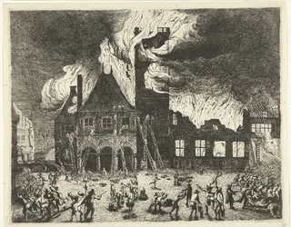 Branden i det gamle rådhus i Amsterdam, 1652 Afbildning af det gamle Stadthuys brændt til Amsterdam den 7. juli 1652