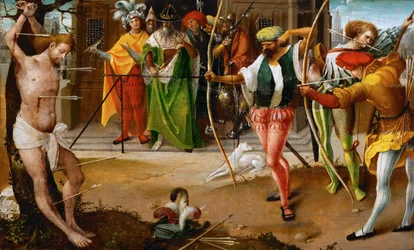 Sankt Sebastians martyrium - Jan De Beer (ca 1475-1528). Olie på træ, ca. 1510. Mål : 25,5x41,5 cm. Kunsthistorisk museum, Vienne