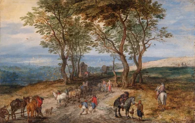 Landevejsscene med figurer: A Man Praying at a Shrine, ca. 1610 (olie på kobber)