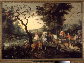 Indgang til arken Dyr går ind i Noes ark før syndfloden. Maleri af Jan Brueghel den Ældre kalder Brueghel de Velours