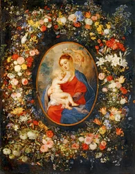 Jomfruen, Jesusbarnet og engle midt i en blomsterkrans. Rubens medaljon ...