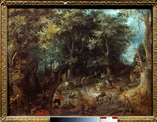 Landskab i skoven, skovkøerne Maleri af Jan Bruegel (eller Breugel eller Brueghel eller Breughel) den tidligere kendt som Bruegel de Velours (1568-1625) Toulouse fra det 17. århundrede, Musee des Augustins.