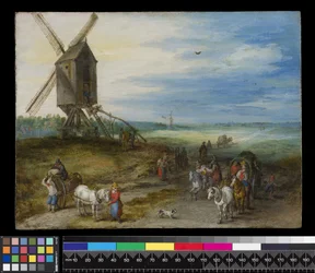 Landskab med mølle og vogne, ca. 1611 (olie på kobber)