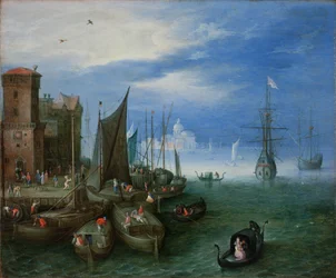 Havnescene i Venedig (olie på kobber)