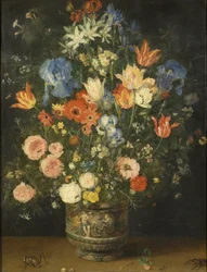 Stilleben med blomster i en skulptureret krukke, ca. 1620-24