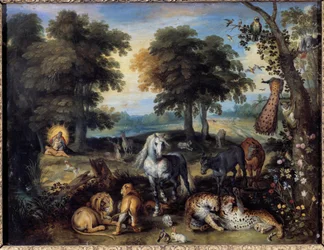 Det jordiske paradis. Forskellige dyr lever sammen i Edens Have; nederst til venstre skaber Gud Eva af Adams side. Maleri af Jan Bruegel (eller Breugel eller Brueghel eller Breughel) den Ældre, kendt som Bruegel de Velours (1568-1625), 17. århundrede