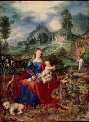 Den hellige familie med jomfrudyr, der bladrer i en bog og holder Jesusbarnet omgivet af en hund, ræv, fugle, krabber, ugle, papegøje; frø, snegl og iris. Maleri af Jan Breugel den ældre kalder Bruegel de Velours (Brueghel eller Breughel