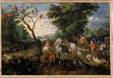 Bordingen af dyr i Ark of Noe Maleri af Jan Bruegel (eller Breugel eller Brueghel eller Breughel), den tidligere kendt som Bruegel de Velours (1568-1625) 1600-tallets Orleans, Musee des Beaux Arts - Dyrenes indtog i Noahs Ark Maleri af Jan