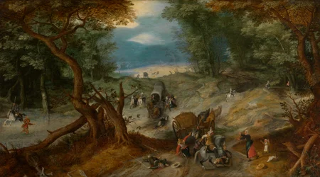 Vandrere angrebet af soldater (olie)