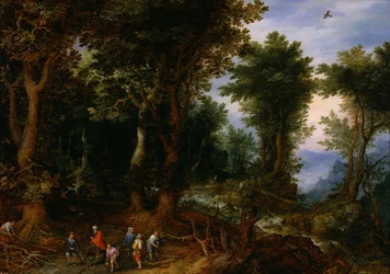 Skovklædt landskab med Abraham og Isaac, 1599