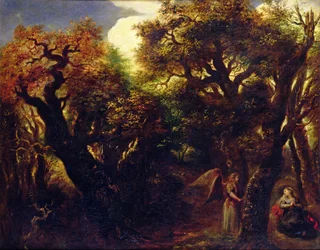 Skovklædt landskab med Hagar og englen, ca. 1645