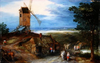 Et omfattende landskab med rejsende (olie på panel)